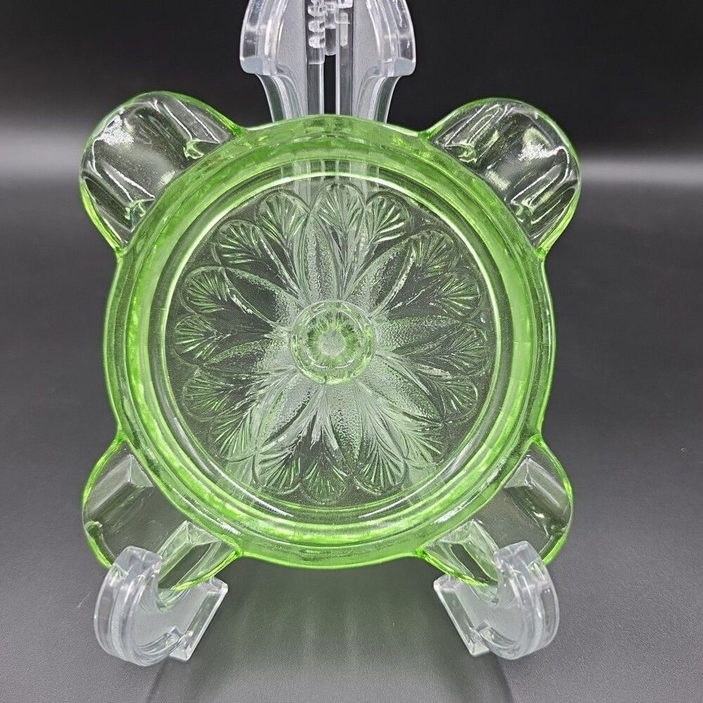 Jeanette Sunflower Ashtray Vaseline Glass Uranium 5" Green With Snuffer 1930s